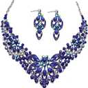 Women Jewelry Set Rhinestone Crystal Statement Necklace Bride Rib Choker Necklace Floral Beaded Collar Neklcace Cluster Dangle Earrings Set for Wedding Party (Royal Blue)