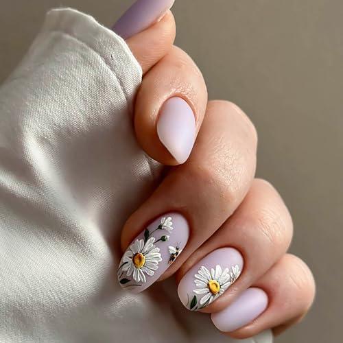 Almond Press on Nails Long Fake Nails Blue French Tip False Nails with Rhinestones Designs White Heart Glue on Nails Glitter Acrylic Artificial Nails Natural Stick on Nails for Women 24Pcs (New Almond Style 1)