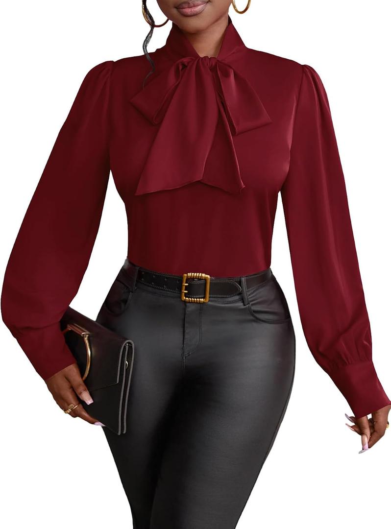 Vrtige Women's Bow Tie Neck Long Sleeve Elegant Blouse Shirt Top XL