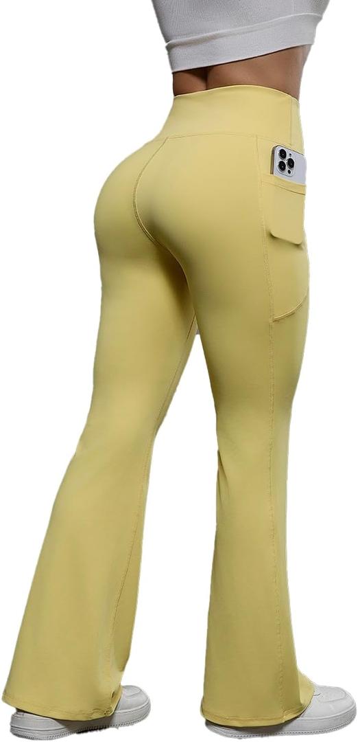 ZFLM Womens Workout High Waist Yoga Flare Leggings with Pockets Gym Running (Yellow, M)