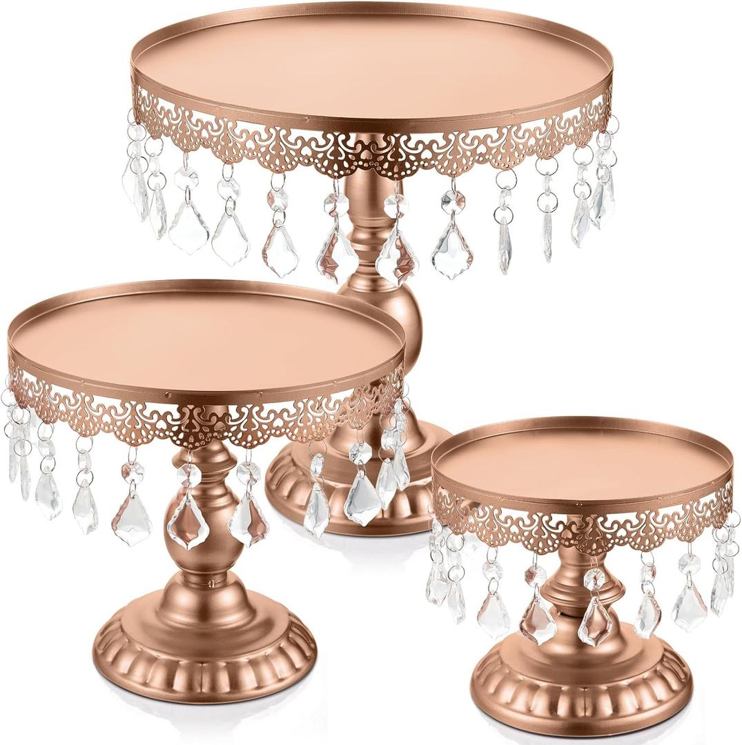 Eaasty 3 Pcs Cake Stand Set Round Cake Stand with Crystal Bling Pendants Dessert Table Display Set for Wedding Event Birthday Party Dessert Table(Rose Gold)