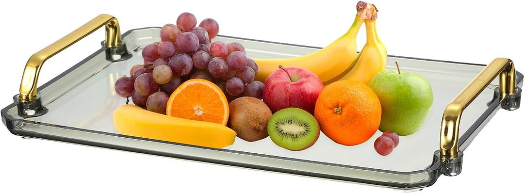 Uxcell Plastic Serving Tray with Golden Handle, 12 x 8.6 Modern Rectangular Decorative Tray Acrylic Reusable Tea Platter for Countertop Bathroom Kitchen Home Restaurant, Clear Green