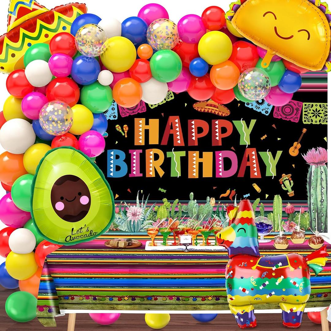 100pcs Mexican Party Birthday Decorations Fiesta Balloon Arch Garland Kit, 5 De Mayo Happy Birthday Backdrop Taco Balloons Tablecloth Decor Carnival Cinco De Mayo Party Decorations Supplies