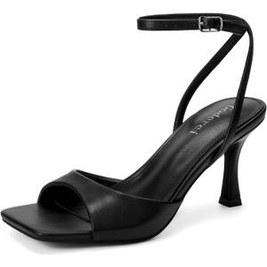 Kitten Strappy Heels for Women Square Open Toe Ankle Strap Buckle Stiletto Heels Dress Shoes (8, Black Pu)