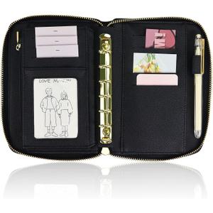 A7 Leather Budget Binder Cash Envelopes System Wallet Budget Planner PU Leather Cover Notebook with Zipper 6 Rings Refillable Money Wallet Organizer for Cash Budgeting and Saving (Only Binder-Black)
