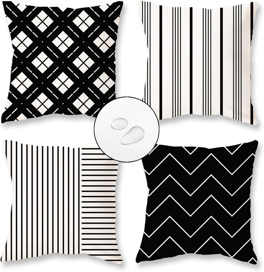 TAJWE Outdoor Waterproof Pillow Covers 18X18 Set of 4 Black and White Modern Geometry Stripe Decorative Cushion Cases for Patio Furniture Couch Porch