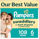 Swaddlers Diapers, Size 6 (23-44 lbs), 108 Count, Absorbent, Keeps Baby Dry and Comfortable, Pediatrician Recommended Skin Safe Disposable Baby Diaper