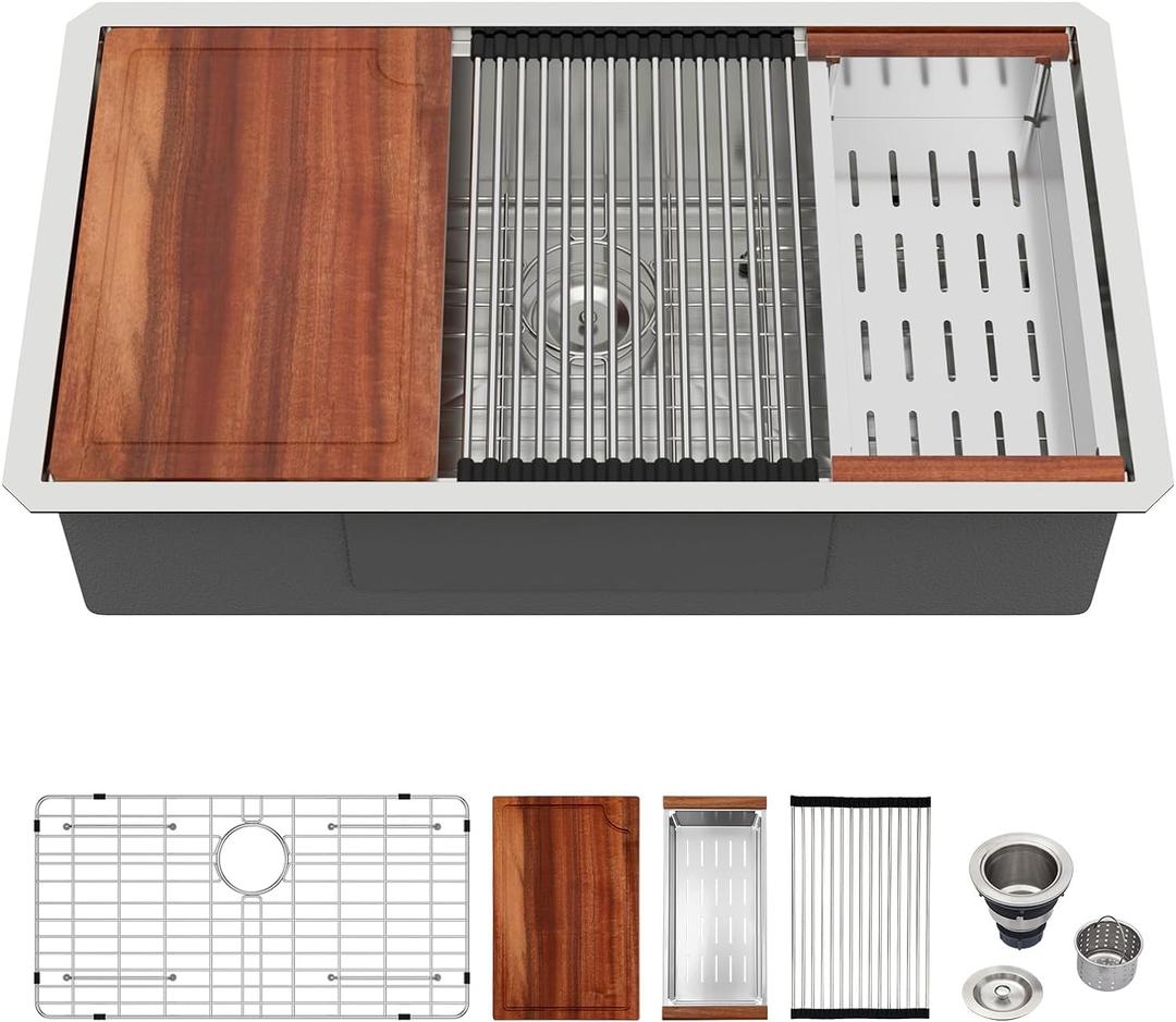 Logmey 33" Undermount Kitchen Sink Workstation 33x19 SUS304 16 Gauge Stainless Steel Under Counter Single Bowl Kitchen Sinks 33x19x9 Inch