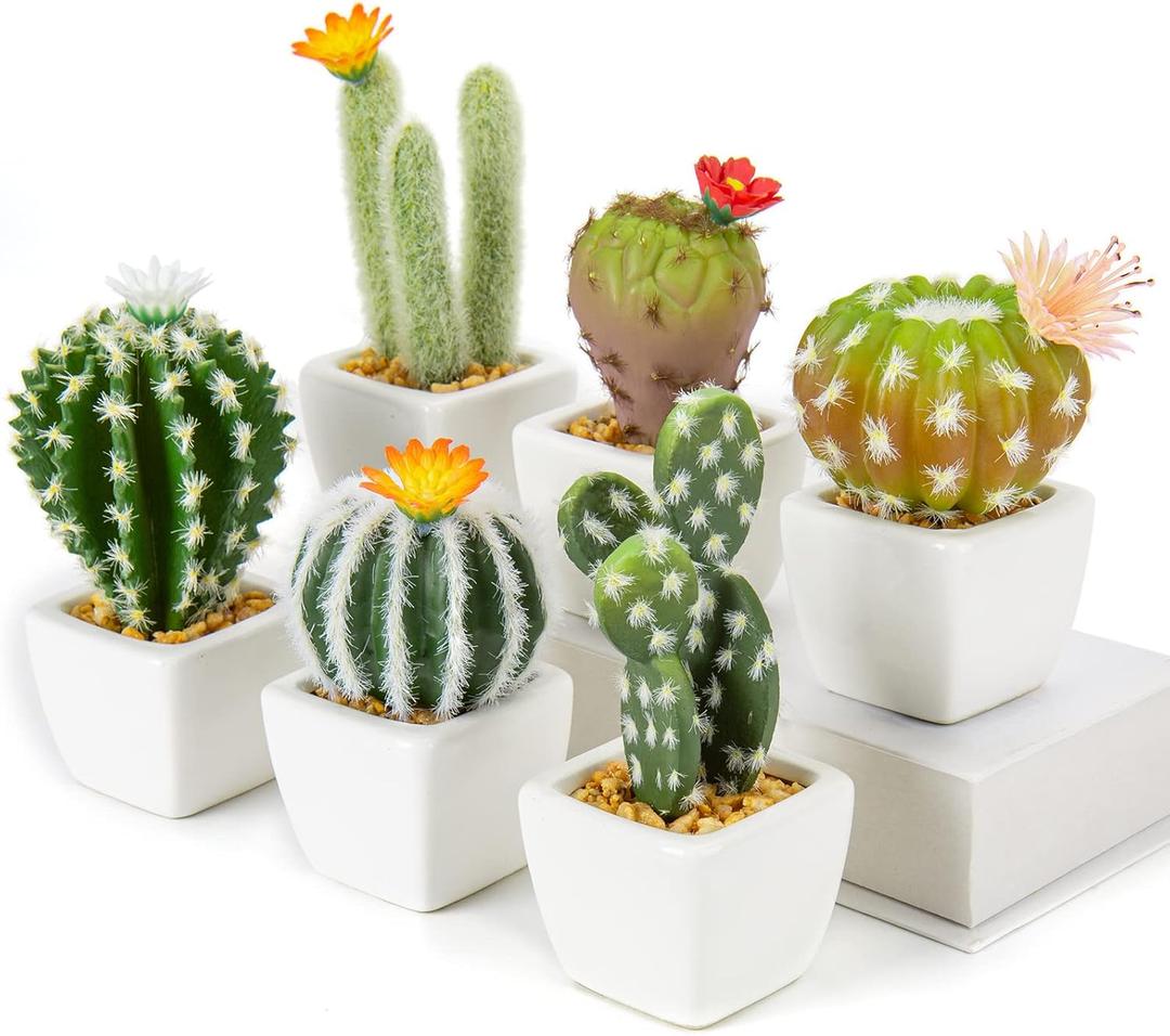 Oairse Mini Artificial Cactus Plants in Ceramic Pots 6 Pcs Potted Faux Succulents in Pots Fake Potted Plants Cactus Decor Small Artificial Plant for Home Decor Indoor Office Desk Tabletop Shelf (White)