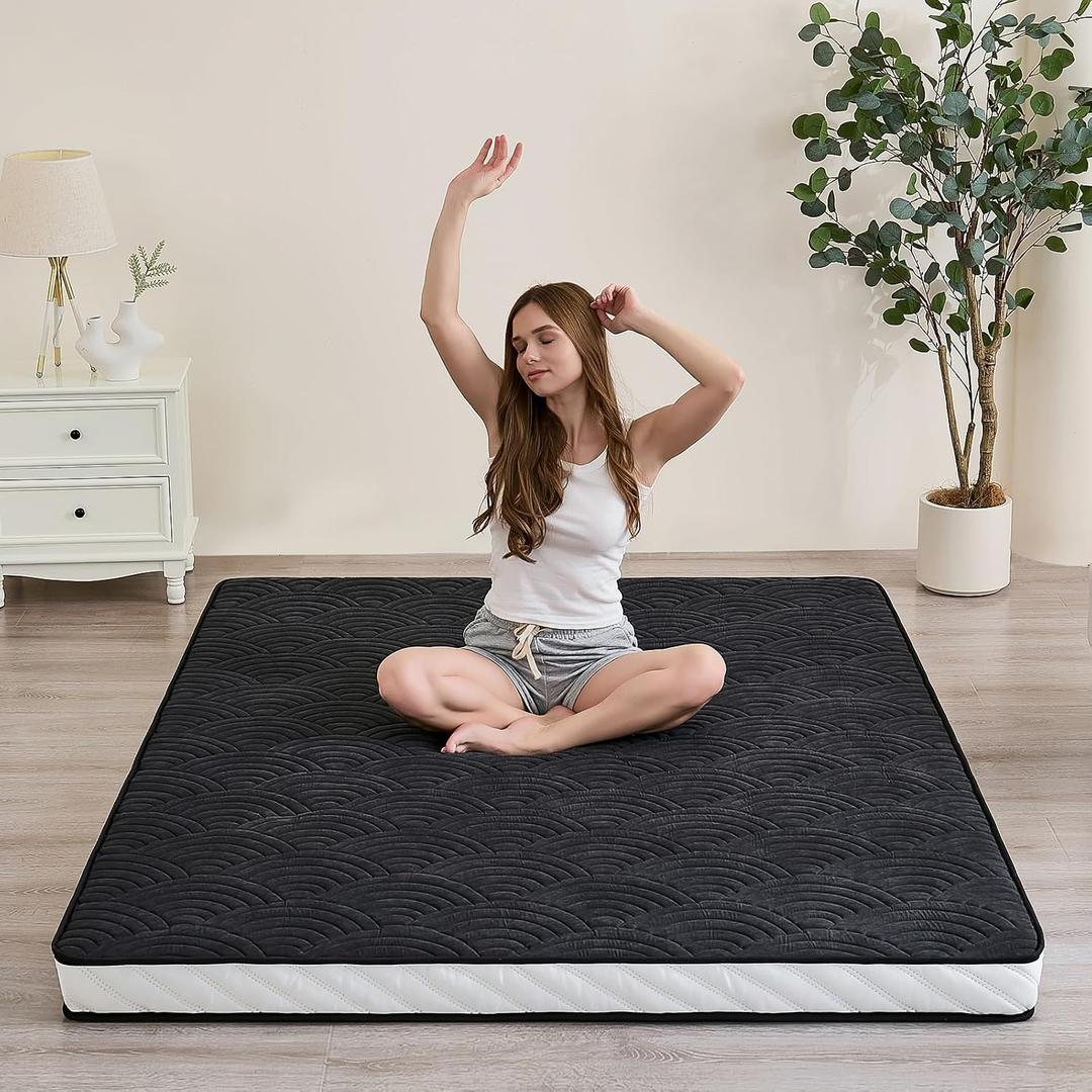 Zelladorra Japanese Floor Mattress, Quilted Futon Mattress with Anti-Slip Bottom, Foldable Floor Bed with Storage Bag and Straps, (Black, Twin)