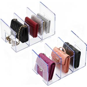 YAGELI Clear Acrylic Purse Organizer for Closet, 3-4 Section Desk File Sorter, 2.95" Wide Slots for Clutches, Handbags, Binders & Folders, Sturdy Stackable Bookshelf Organizer, 2-Pack (3 Sections)