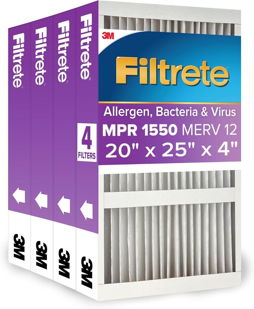 Filtrete 20x25x4 AC Furnace Air Filter, MPR 1550, MERV 12, Fits Lennox & Honeywell, Allergen, Electrostatic Air Cleaning Filter, 4-Pack (actual size 19.88 x 24.63 x 4.31)