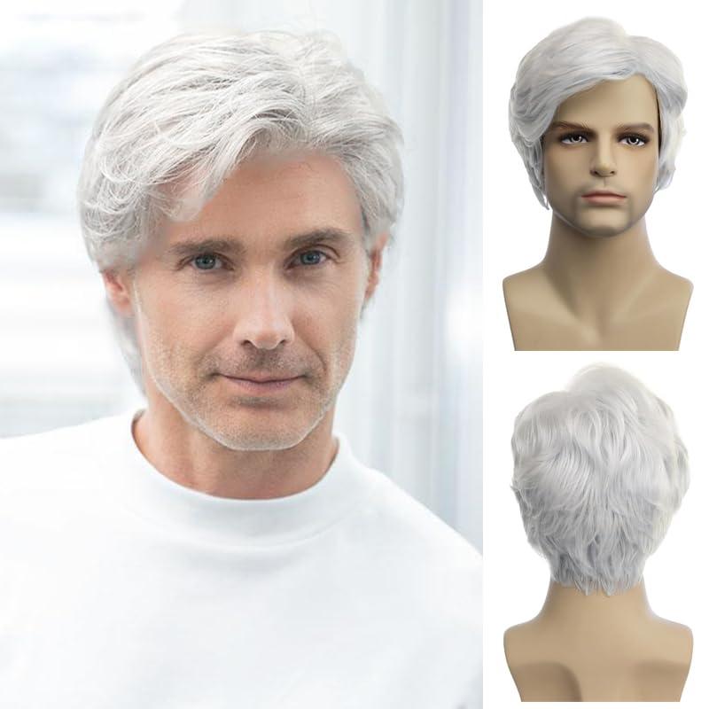 Baruisi Men Wigs Short White Wig Synthetic Heat Resistant Natural Halloween Cosplay Hair