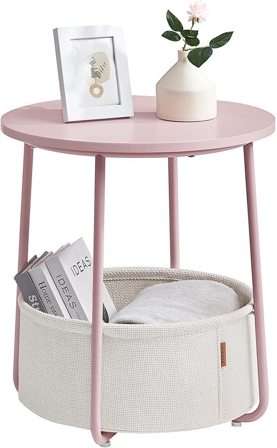 VASAGLE Small Round Side End Table, Modern Nightstand with Fabric Basket, Cement Gray and Cream White ULET223G49