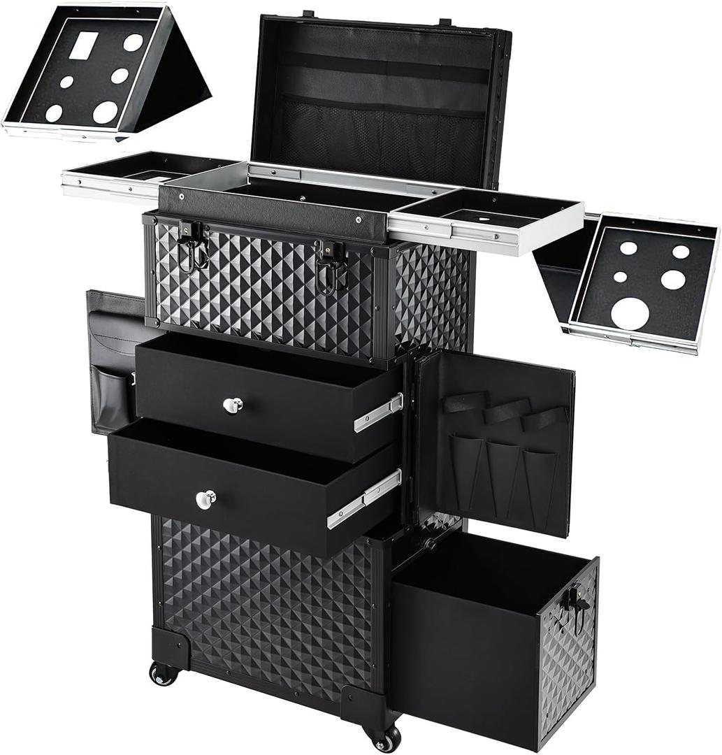Joligrace Cosmetology Case on Wheels, Rolling Makeup Case for Hairstylists & Makeup Artists Lockable Professional Make up Case Salon Trolley Cart with Hairdryer Holder for Salon/Barber/Travel, Black