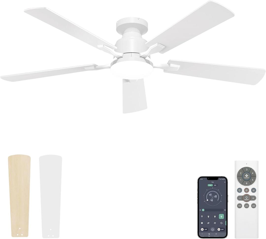 VOLISUN 52 Inch Ceiling Fan with Lights Flush Mount, Low Profile Ceiling Fans with Lights, Remote & APP Control, Dimmable 22W LED Light, Queit & Reversible Fan, White Ceilings Fans for Bedroom, Living Room