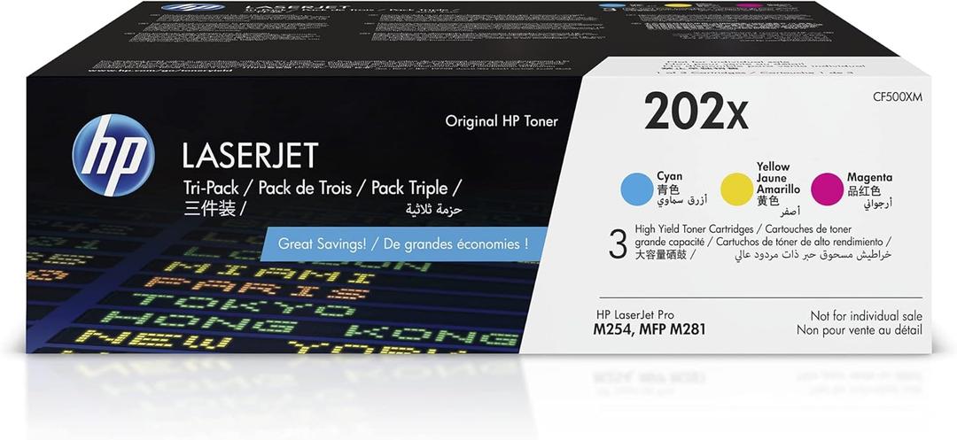 HP 202X Cyan, Magenta, Yellow High-Yield Toner Cartridge Printers (3-Pack) | Works with Color LaserJet Pro M254, Color LaserJet Pro MFP M281 Series | CF500XM