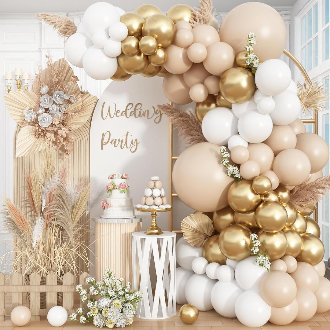 White and Gold Balloon Arch Kit Nude White Beige Balloon Garland With Metallic Gold Party Helium Balloons Neutral Cream Balloon for Boho Wedding Baby Shower Bridal Engagement Birthday Decor