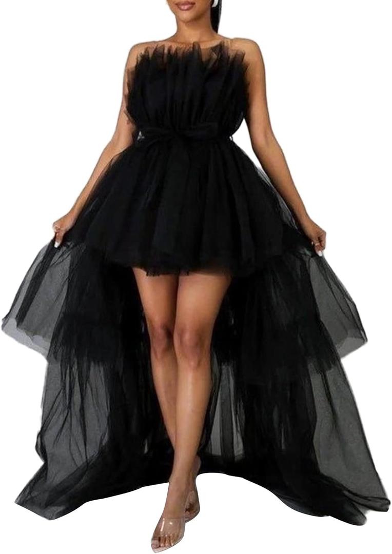 Women's High Low Tulle Dress Solid Color Sleeveless Tiered Fluffy Gown for Wedding Party Cocktail Events (Black, S)