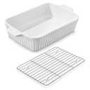 MALACASA 4.4 QT Baking Dish with Rack, 9x13 Large Casserole Dish for Oven, Ceramic Baking Pan with Rack, Rectangular Lasagna Pan Deep with Handles for Baking, Durable Microwave Oven Safe, White