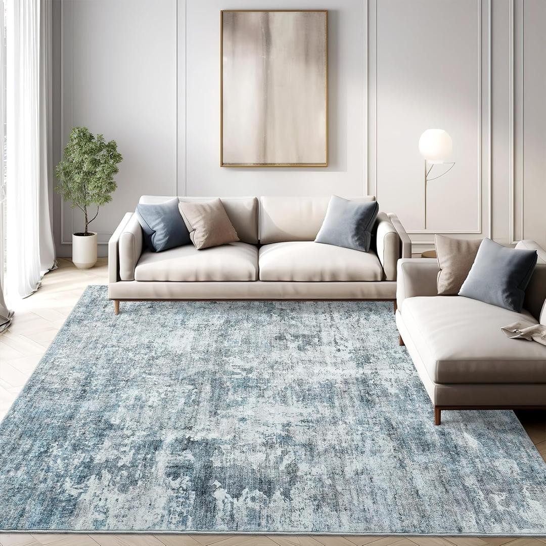7x9 Area Rug for Living Room Washable Abstract Vintage Soft Thin Indoor Floor Non-Slip Carpet for Bedroom Dining Room Blue Grey