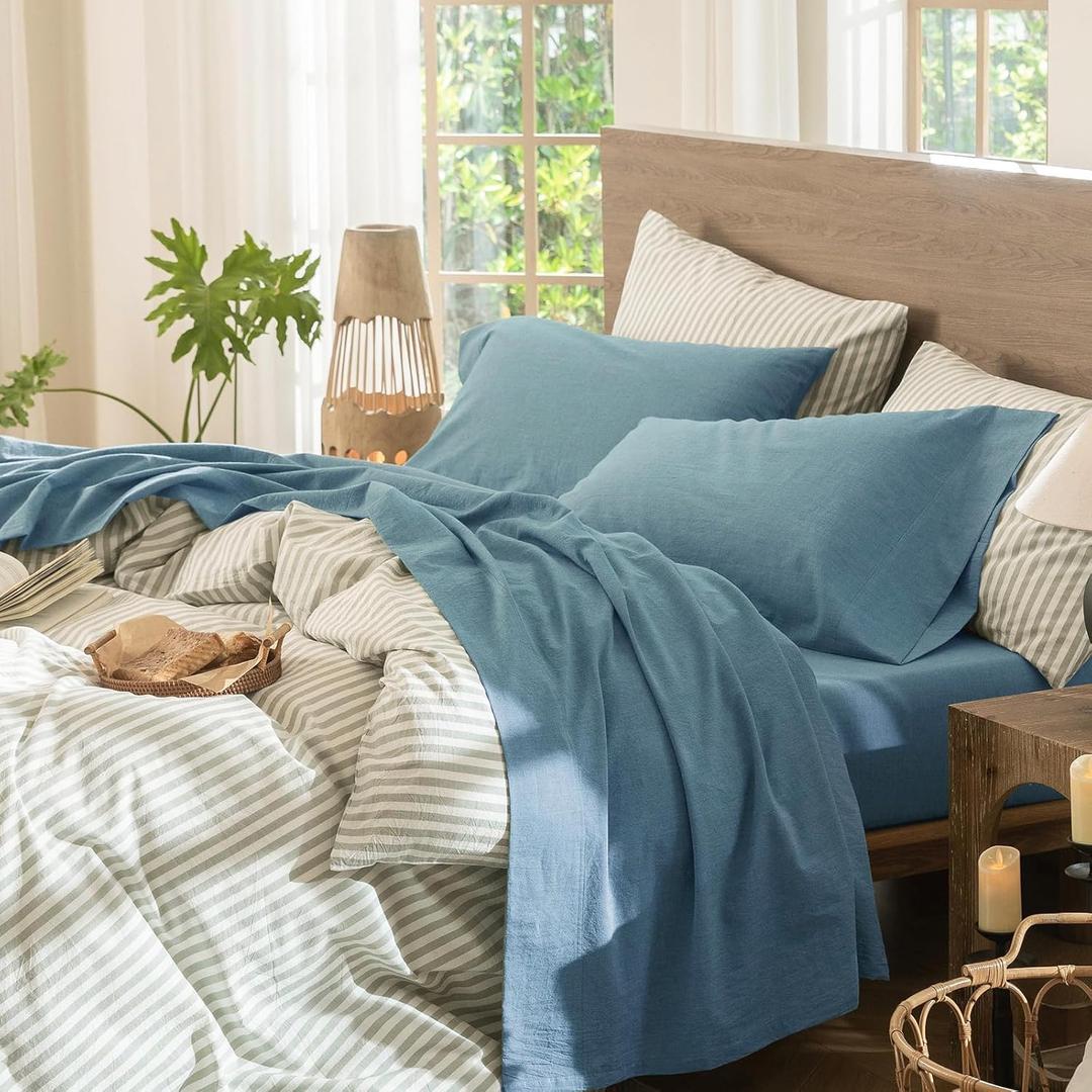 MooMee Bedding Sheet Set 100% Washed Cotton Linen Like Textured Breathable Durable Soft Comfy (Heathered Peacock Blue, King)