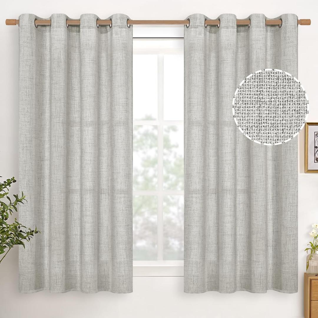 YoungsTex Linen Curtains 54 Inch Length Light Grey Textured Curtains with Bronze Grommet Light Filtering Drapes for Living Room Bedroom, 52 x 54 Inch, 2 Panels