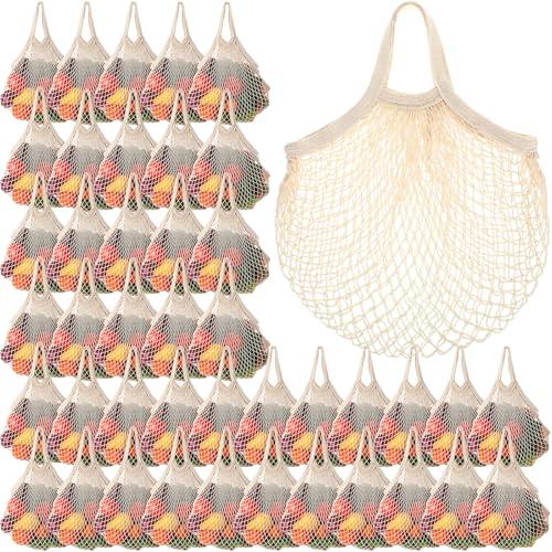 Paterr 50 Pack Cotton Mesh Produce Bags Bulk Reusable Market Bag Washable Net Grocery Purse String Shopping Tote Beach Organizer for Vegetable Fruit Picnic Food Storage (Short Handle, Beige)