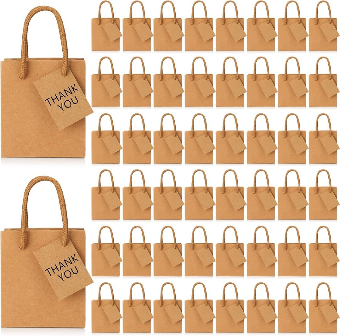 Zhehao 50 Pack Mini Gift Bags Bulk 4 x 2.75 x 4.5 Inch Tiny Paper Gift Bags with Handles and Tags Extra Small Paper Container for Birthday Party Favors Wedding Baby Shower Small Business(Kraft Color)