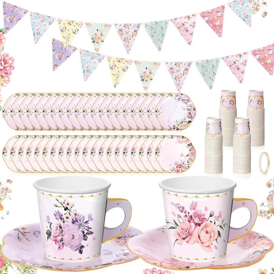 Umigy 98 Pcs Tea Party Decorations 26 ft Floral Paper Bunting 6.5 oz Floral Paper Coffee Cups with Handle and Saucers Blossom Disposable Tea Sets with Tape for Wedding Birthday(Stylish)