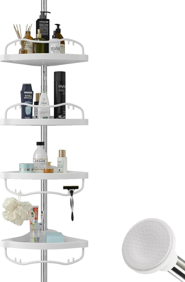 BsBsBest Corner Shower Organizer, 56-125 Inch Caddy, 4 Layer Plastic Shelves with Rustproof Steel Tension Pole, Drill Free Shower Storage, Silver