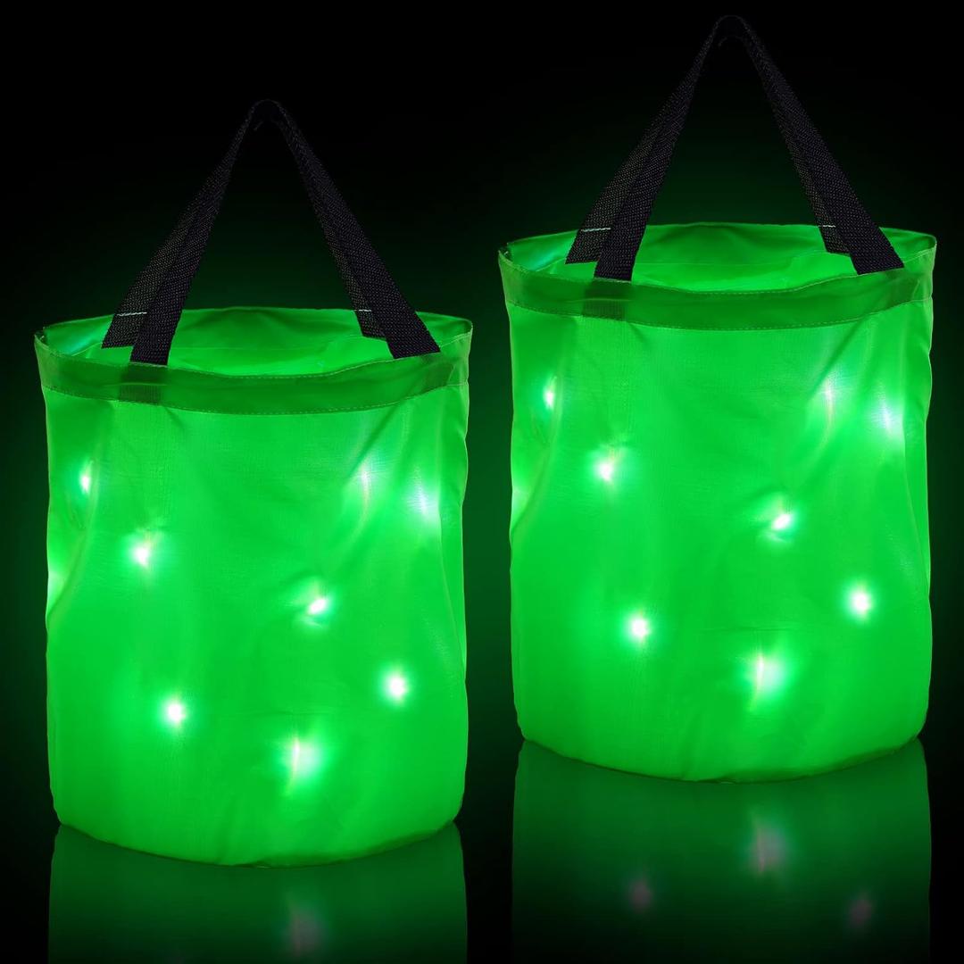 2 Pieces LED Light Halloween Trick or Treat Candy Bags Light up Goodie Trick or Treating Bags Kids Multipurpose Reusable Gift Bucket for Halloween Birthday Party Favor(Green)