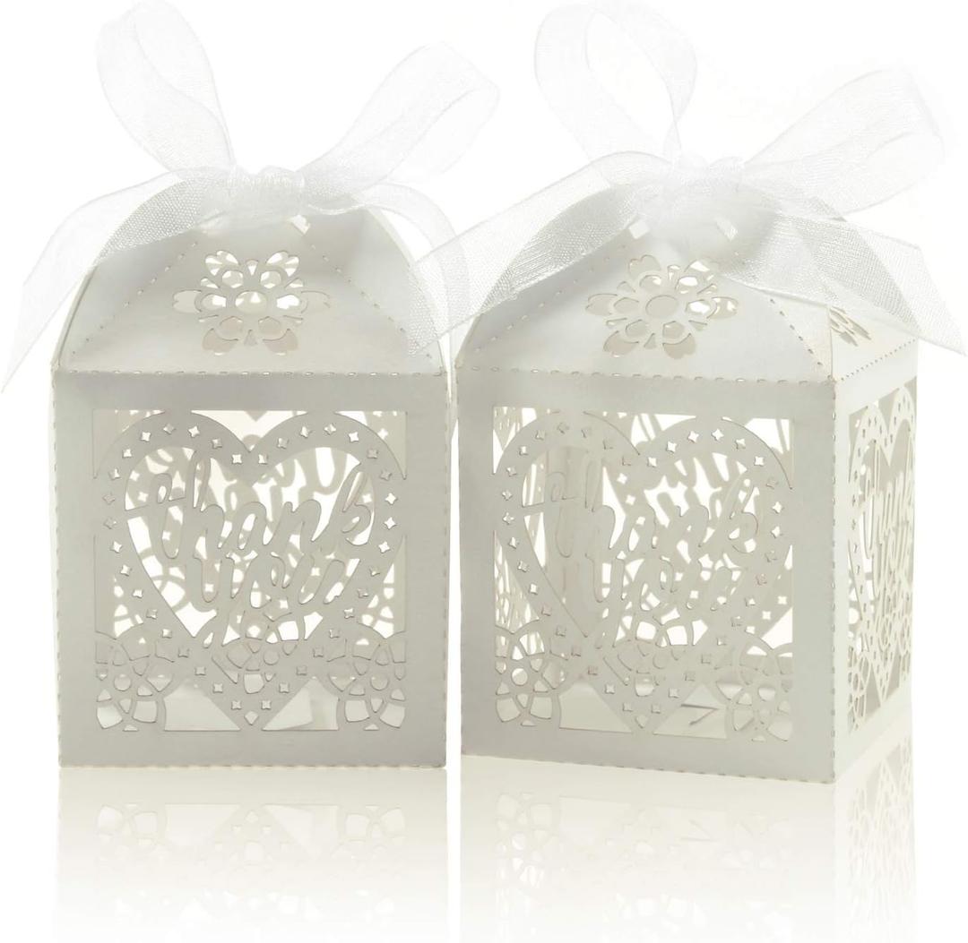 COTOPHER Laser Cut Boxes, 100pcs Thank You Gift Boxes Wedding Party Favor Boxes Lace Candy Boxes for Wedding Bridal Shower Baby Shower Birthday Party Decorations with Ribbons (2x2x2.75inch, White, 100)