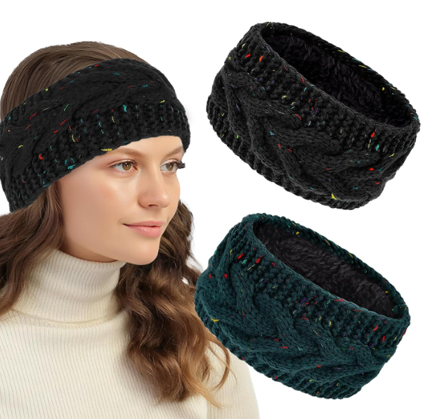 5 x CAVETEE Winter Headbands for Women 2 Pack Thickened Coral Fleece Lined Crochet Knit Non-Slip Windproof Knit Headbands for Women (Black&Dark Blue) 10 Count
