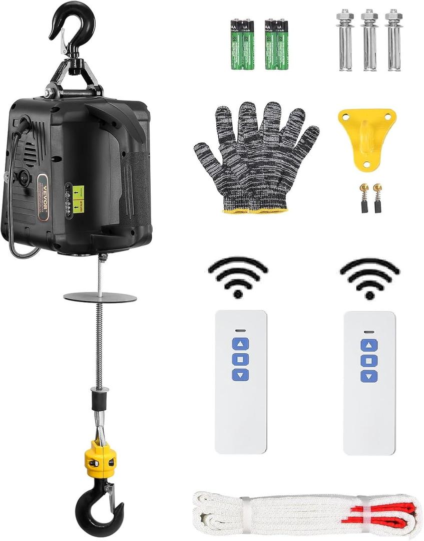VEVOR 2-in-1 Electric Hoist Winch, 1100 lbs Capacity, 1500W Portable Power Winch Crane, 22.9 ft Lifting Height, 13 ft/min with Wireless Remote Control, for Garage, Warehouse, Factory Lifting Towing