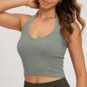 ODODOS Seamless Halter Crop Tops for Women Ribbed Soft V Neck Open Back Cropped Tank Top, 1-Pack, Green Milieu, Medium-Large (Gray, M)