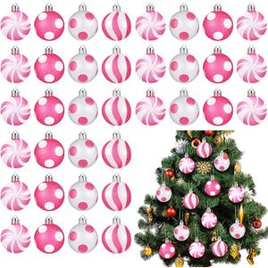 Lenwen 54 Pcs Christmas Balls Ornaments Mini Pink and White Christmas Tree Ornaments Xmas Striped Dots Shatterproof Plastic Hanging Ornaments for Tree Holiday Party Christmas Decorations, 1.18inch