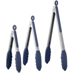 600ºF Heat Resistant Kitchen Tongs: U-Taste 7/9/12 inch Silicone Cooking Tong Set with Non Stick Rubber Tips and Silicon Coated 18/8 Stainless Steel Handle for Serving Grilling Salad(Midnight Blue)