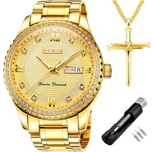 OLEVS Diamond Watches for Men,Business Dress Watch Waterproof Luminous,Male Golden Big Dial Luxury Casual Quartz Analog Watches with Day Date Calendar and Stainless Steel Band
