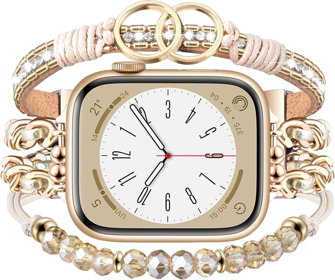 MOFREE Boho Band Compatible with Apple Watch Bands for Women 40mm 38mm 41mm 42mm 44mm 45mm Series 10 9 8 7 6 5 4 3 2 1 SE, Metal Chain Beaded Bracelet Wristband Women iWatch Bands