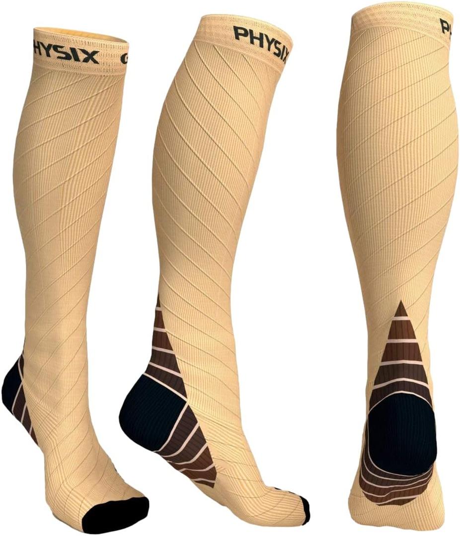 ,Physix Gear Compression Socks 20-30 mmHg - Men & Women - Running, Nurses, Shin Splints, Flight, Travel (L-XL, Nude/Beige)
