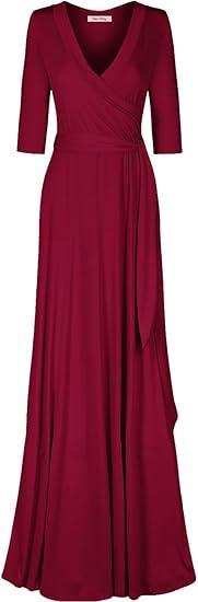 Women's 3/4 Sleeve Deep V-Neck Maxi Faux Wrap Solid Plus Size Dress, Size L