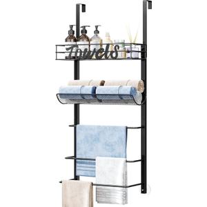 SWTYMIKI Over The Door Towel Racks for Bathroom  5Tier Wall Mounted Bathroom Towel Storage Organizer Holder with Metal Shelf, Black