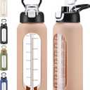 32 oz Glass Water Bolttles with Straw Large Motivational Water Bottle with Time Marker Sports Water Bottles with Silicone Sleeve and Handle Lid Water Jug for Gym Workout (Amber)