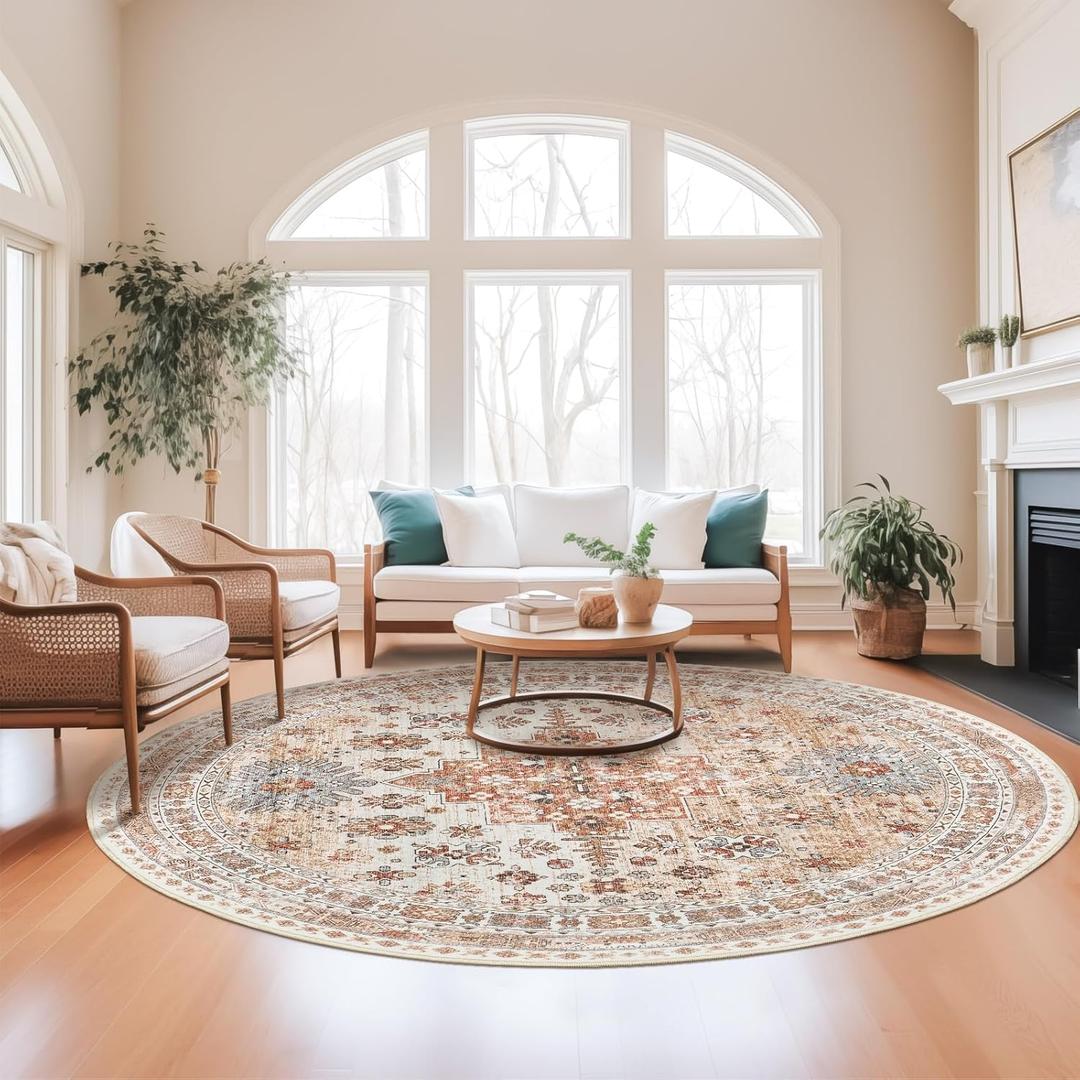 Zesthome 8ft Round Rugs for Living Room, Non-Slip Washable Round Area Rugs, Ultra-Thin Large Circle Rugs, Soft Low Pile Rug for Bedroom, Kitchen - Vintage Stain Resistant Round Rug (Orange,8'x8')