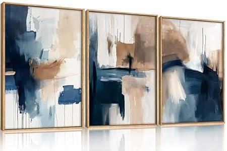 BICERE Large Abstract Brush Stroke Framed Canvas Wall Art, Modern Pastel Wall Decor, Neutral Navy Blue Art Prints, Minimalist Watercolor Brown Artwork for Living Room, Bedroom, Dining Room-24"x36"x3