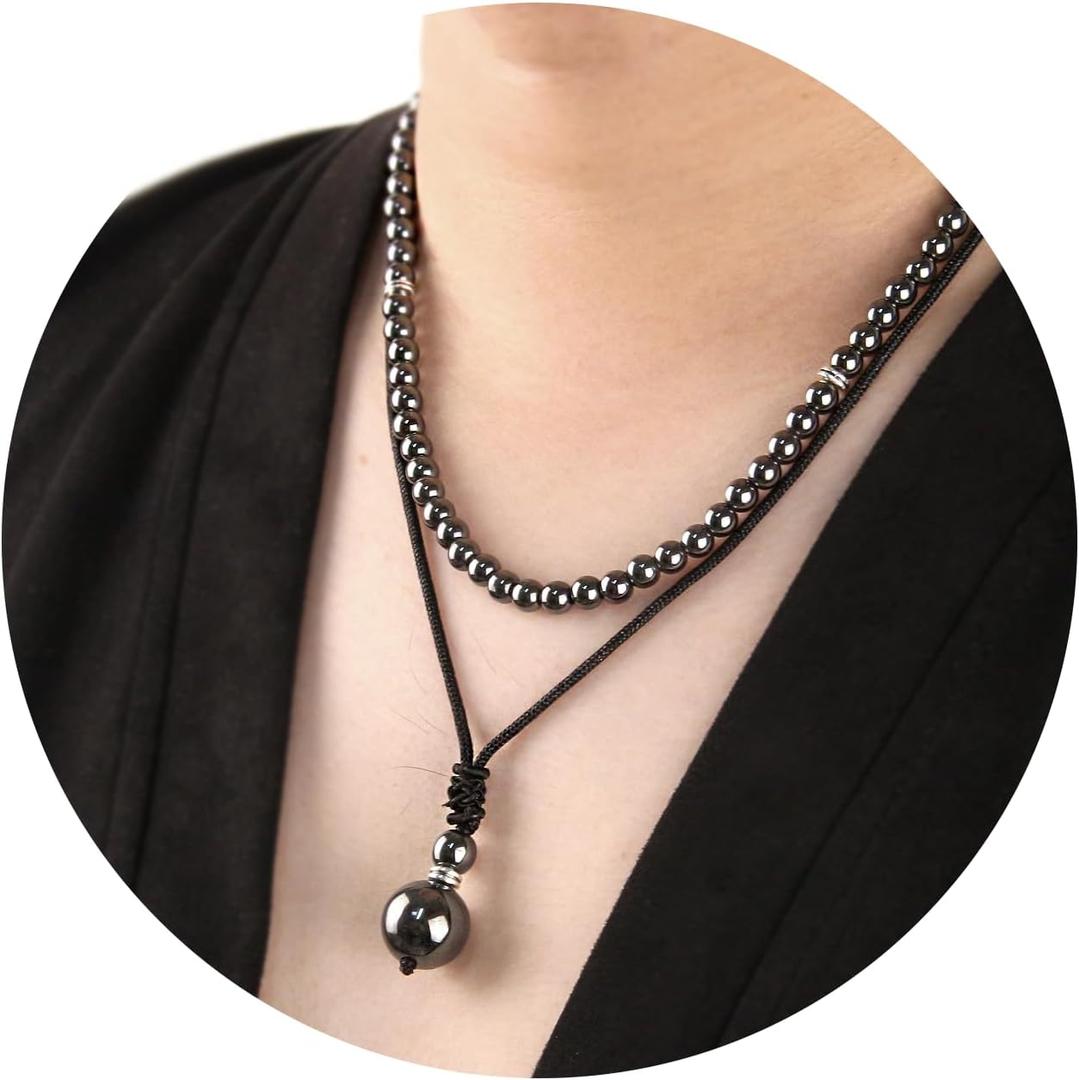 2Pcs Beaded Necklace for Men - Protection Necklace Men Choker Necklaces Obsidian Beads Pendant Jewelry Gifts for Men (Hematite)
