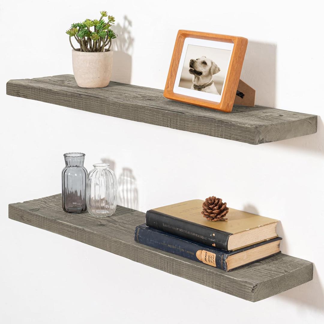 Fun Memories Floating Shelves for Wall Decor, 30"x8" Rustic Reclaimed Wood Shelves, Heavy-Duty Wall Mounted Shelves with Invisible Brackets, Set of 2for Living Room, Bedroom, Kitchen, Grey Finish (Flat Edge, 30"L, 2Packs)
