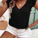 SOLY HUX Women's Lace T Shirt V Neck Ruffle Cap Sleeve Tee Casual Summer Tops (Black, S)
