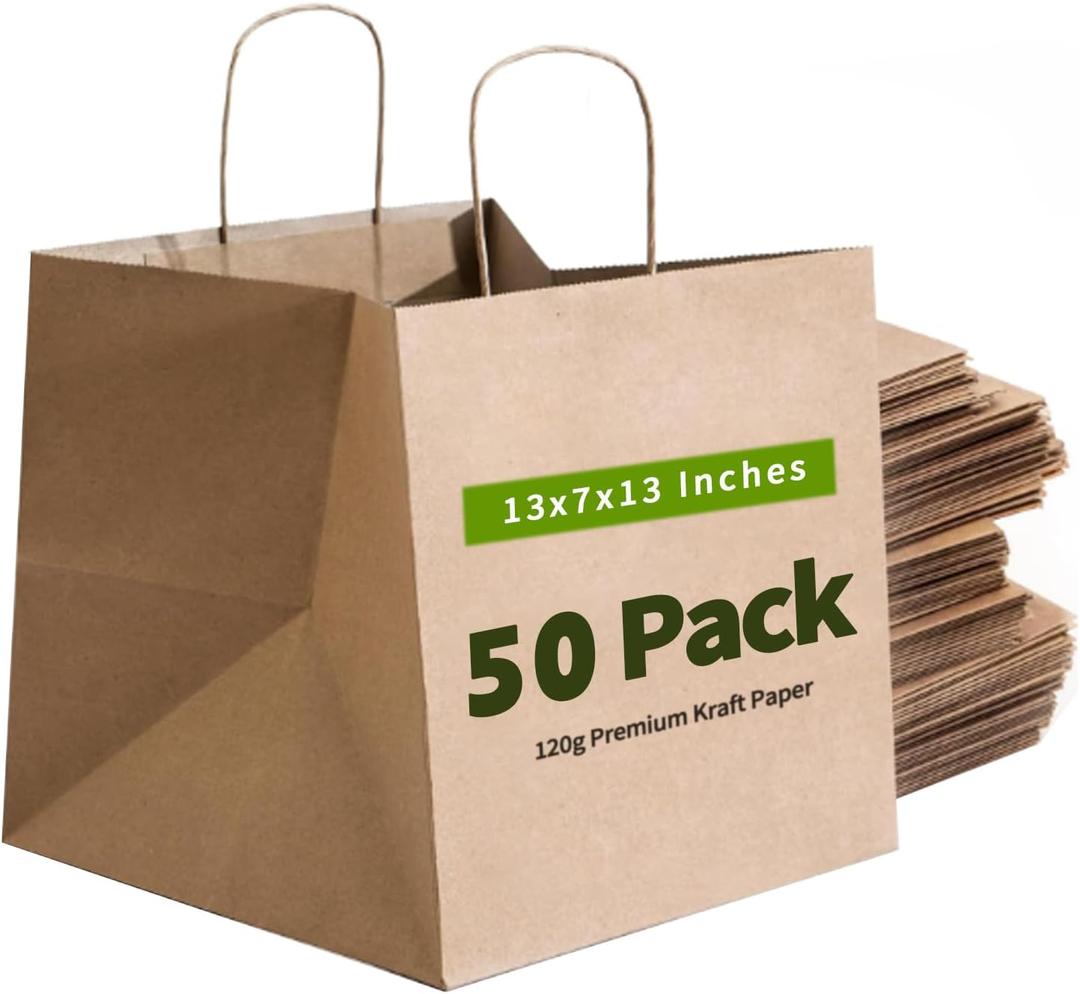 13x7x13 Inch Kraft Paper Large Gift Bags with Handles Bulk-50Pack Recyclable Sturdy Brown Paper Bags for Business, Merchandise, Gifts Bags, Shopping, Retail Stores, Takeout, Birthday Party